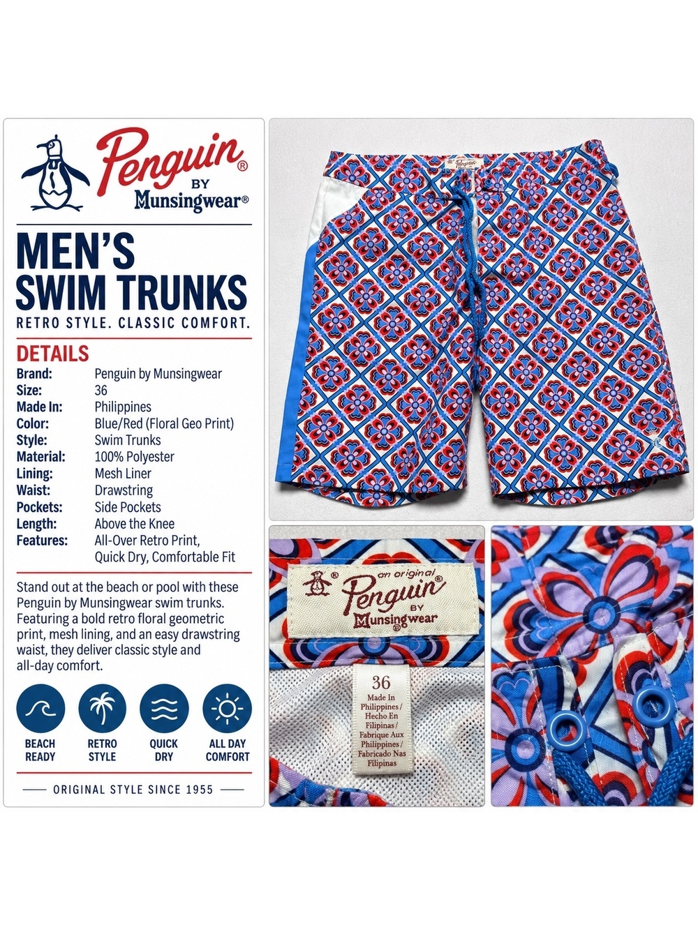 Original Penguin by Munsingwear Men's Swim Trunks Size 36